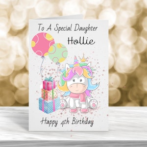Carte personnalisée 4e anniversaire, carte d'anniversaire spéciale fille, carte d'anniversaire licorne, carte de tout âge, carte d'anniversaire mignonne