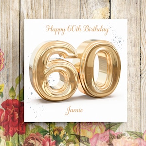 Cartão de aniversário personalizado de 60 anos, cartão de aniversário de 60 anos, cartão de aniversário dourado, cartão de aniversário do neto, cartão para ele, cartão de aniversário com balão