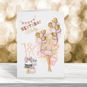 Personalisierte Achtzehnte Geburtstag, 18. Geburtstag, 21. Geburtstag, 30. Geburtstag, jedes Alter Karte, Mädchen mit Ballons Karte, blonde Haare