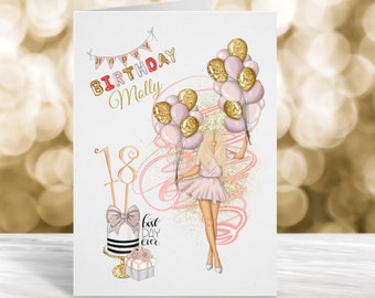 May include: A pink and gold birthday card with the words "Happy Birthday Molly" and the number "18" on it. A cartoon illustration of a woman holding balloons is in the center of the card. The text "best day ever" is below the illustration.