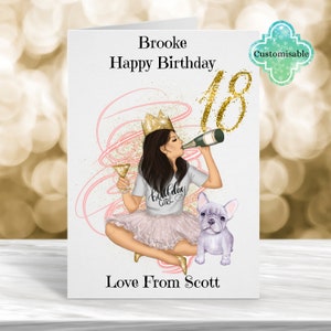 18e anniversaire, 18e anniversaire, 21e anniversaire, 30e anniversaire, carte de tout âge, fille avec bouledogue français, personnalisable