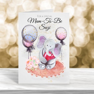 Biglietto personalizzato per futura mamma, biglietto per baby shower, biglietto per festeggiamenti, biglietto con elefante carino, biglietto con palloncino, biglietto con elefante carino con cuore