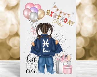 Pisces Birthday Card, Personalised Birthday Card, Zodiac Birthday Card, Astrology Birthday Card,  February Birthday Card, March Birthday
