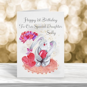 Cartão de aniversário personalizado da idade das crianças do coelho, 1º aniversário, 2º aniversário, 3º aniversário, cartão de aniversário infantil, cartão de filha,