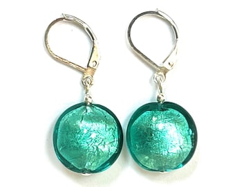 Murano Glass Aqua Green Silver Foiled Lever Back Lentil Puffy Disk Venetian Glass Dangle Marino  Italian Glass earrings; handmade