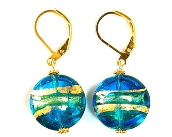 Murano Glass Blue Green Gold Lever Back Venetian Glass Lentil Puffy Disk Italian Glass Dangle earrings; handmade