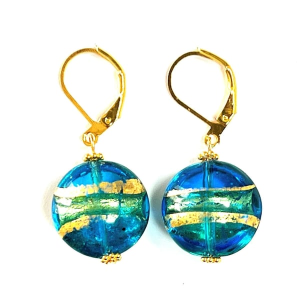 Murano Glass Blue Green Gold Lever Back Venetian Glass Lentil Puffy Disk Italian Glass Dangle earrings; handmade