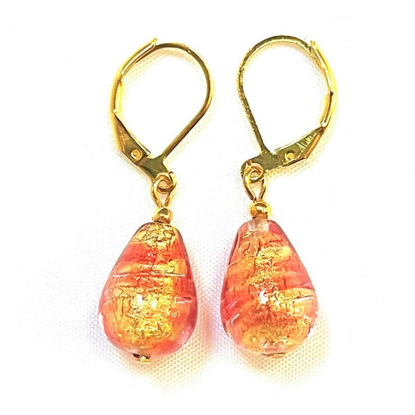 Murano Glass Gold Red Teardrop Lever Back Venetian Glass Dangle Italian Glass Striped earrings; handmade