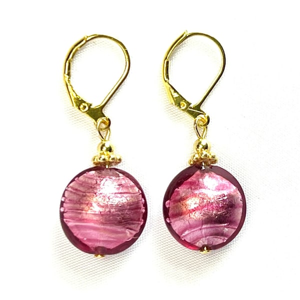 Murano Glass Pink Magenta Gold Lever Back Disk Venetian Glass Lentil Rose Lever Back Italian Glass Dangle earrings; handmade