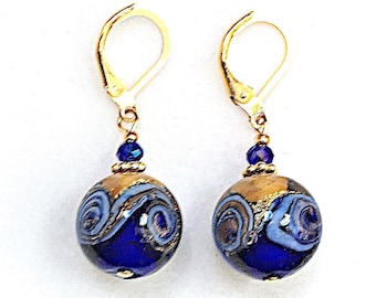 Leverback Earrings Clip Ons Murano Glass Cobalt Blue Celtic Cross Sterling Silver Earrings Cross Dangle Earrings Murano Glass Jewelry