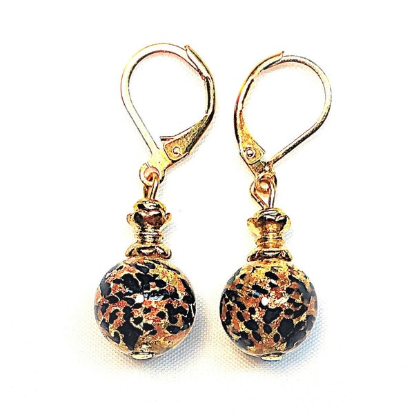 Murano Glass Gold Black Dots Avventurina Lever Back Ball Aventurine Venetian Glass Italian Glass Abstract Dangle earrings; handmade