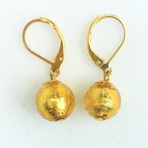 Murano Glass Gold Foiled 10mm Ball Lever Back Minimalist Venetian Glass Dangle Italian Glass Earrings; handmade