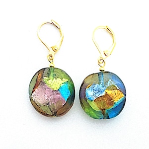 Murano Glass Silver or Gold Lever Back Multicolor Silver Foiled Venetian Glass Lentil Italian Glass Puffy Disk Dangle earrings; handmade