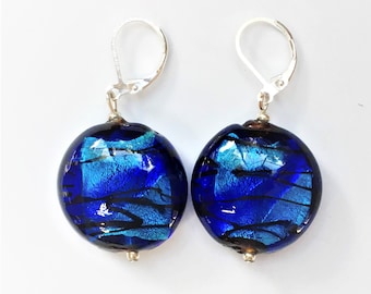Cobalt Blue Aqua Green Silver Plated Lever Back Glass Lentil Dangle Earrings; handmade