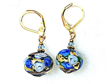 Murano Glass Fiorato Blue Gold Hand Painted Flowers Lever Back Ball Italian Glass Venetian Glass Dangle earrings; handmade