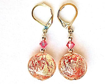 Murano Glass Pink Rose Silver Stardust Swarovski Crystal Lever Back Dangle Italian Glass Venetian Glass earrings; handmade