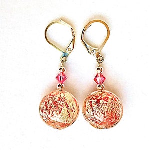 Murano Glass Pink Rose Silver Stardust Swarovski Crystal Lever Back Dangle Italian Glass Venetian Glass earrings handmade image 1