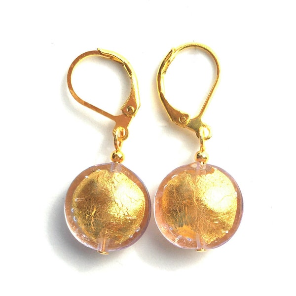 Murano Glass Gold Lever Back Lentil Venetian Glass Puffed Disk Italian Glass Dangle Drop earrings; handmade