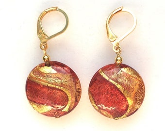 Murano Glass Orange Gold Fire Lentil Lever Back Red Dangle earrings; handmade