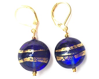 Murano Glass Cobalt Blue Gold Lever Back Lentil Venetian Glass Dangle Drop Italian Glass earrings; handmade