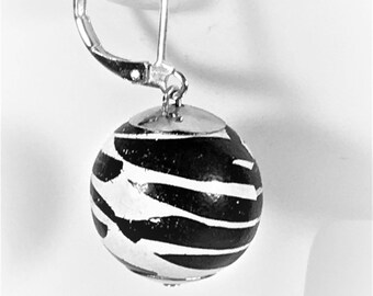 White Black Silver Ball Striped Wood Lever Back Asymmetric Dangle Wooden Abstract earrings; handmade