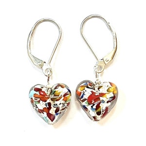 Murano Glass Silver Lever Back 13mm Heart Multicolor Klimt Style Venetian Glass Dangle Italian Glass earrings; handmade