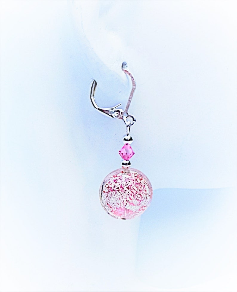 Murano Glass Pink Rose Silver Stardust Swarovski Crystal Lever Back Dangle Italian Glass Venetian Glass earrings handmade image 2