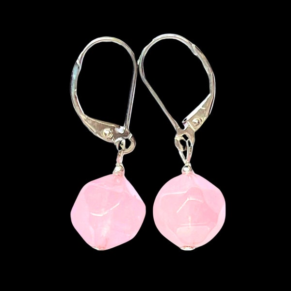 Rose Quartz Sterling Silver Pink Lever Back Minimalist Natural Stone Faceted Ball Dangle earrings; handmade