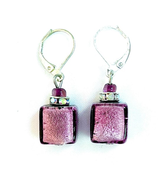 Murano Glass Purple Cube White Gold Foiled Silver Lever Back Rhinestone Venetian Glass Dangle Italian Glass earrings; handmade