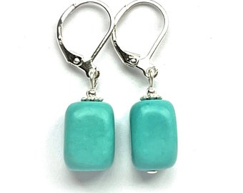 Turquoise Howlite Natural Stone Silver Plated Lever Back Semi-Precious Genuine Stone Dangle Earrings; handmade