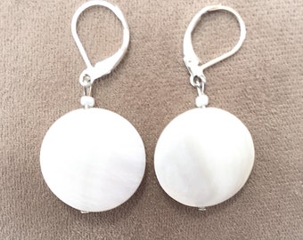 White Shell Disk Coin Silver Plated Lever Back Dangle earrings; handmade