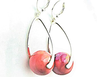 Pink Silver Plated Curved Wires and Lever Back Huggie Ceramic Dangle earrings; handmade