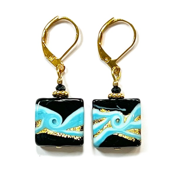 Murano Glass Black Turquoise Swirls Gold Lever Back Square 14x14mm Venetian Glass Aqua Blue Dangle Vortice Italian Glass earrings; handmade