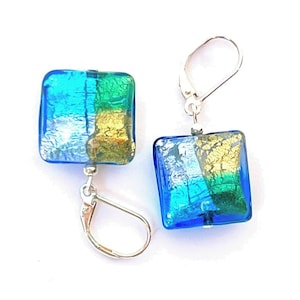 Murano Glass Blue Green Gold Lavender Sterling Silver Lever Back Square Venetian Glass Dangle Italian Glass Earrings; handmade