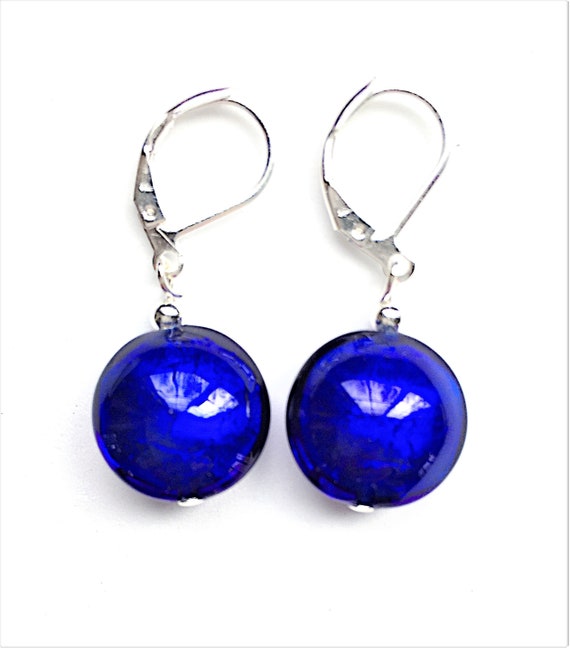 Cobalt Blue Murano Glass Lentil Silver Foiled Lever Back Venetian Glass Dangle Italian Glass earrings; handmade