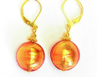 Murano Glass Orange Gold Disk Lever Back Venetian Glass Puffy Lentil Italian Glass Dangle Minimalistic earrings; handmade