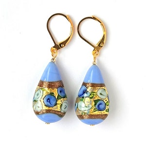 Murano Glass Blue Gold Rose Fiorato Teardrop Hand Painted Flowers Venetian Glass Lever Back Italian Glass Dangle earrings; handmade