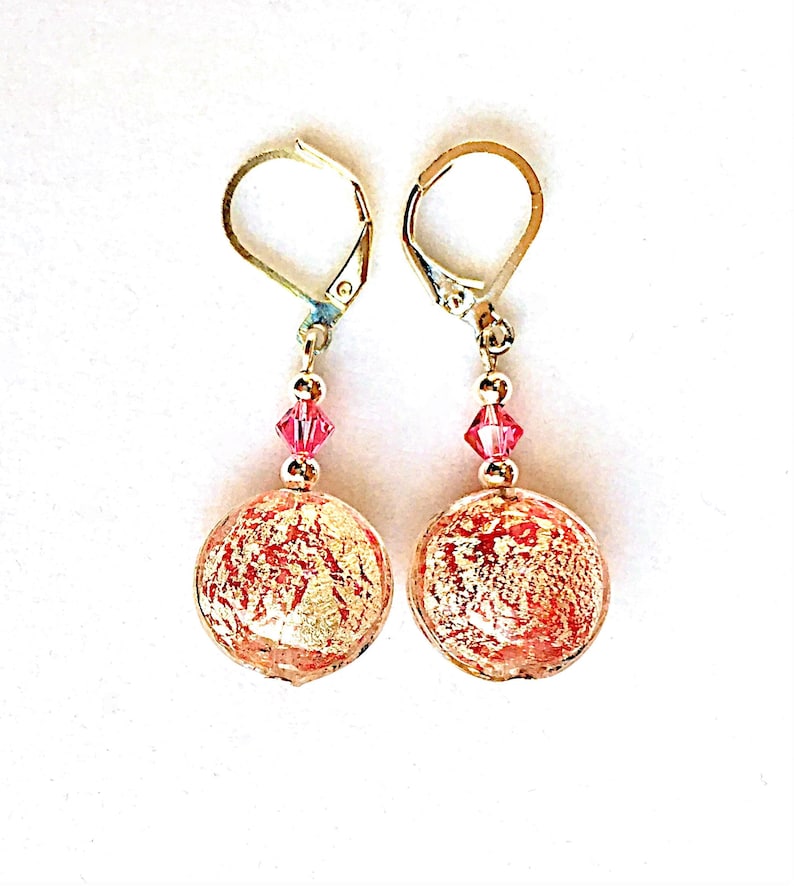 Murano Glass Pink Rose Silver Stardust Swarovski Crystal Lever Back Dangle Italian Glass Venetian Glass earrings handmade image 1