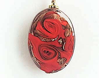 Gold Foil Drop Flower Lampwork Glass Murano Pendant Necklace Peach Heart Jewelry 