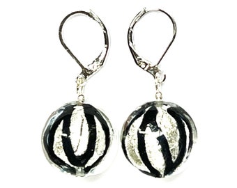 Murano Glass Black White Gold Lentil Lever Back Venetian Glass Puffy Disk Italian Glass Dangle earrings; handmade