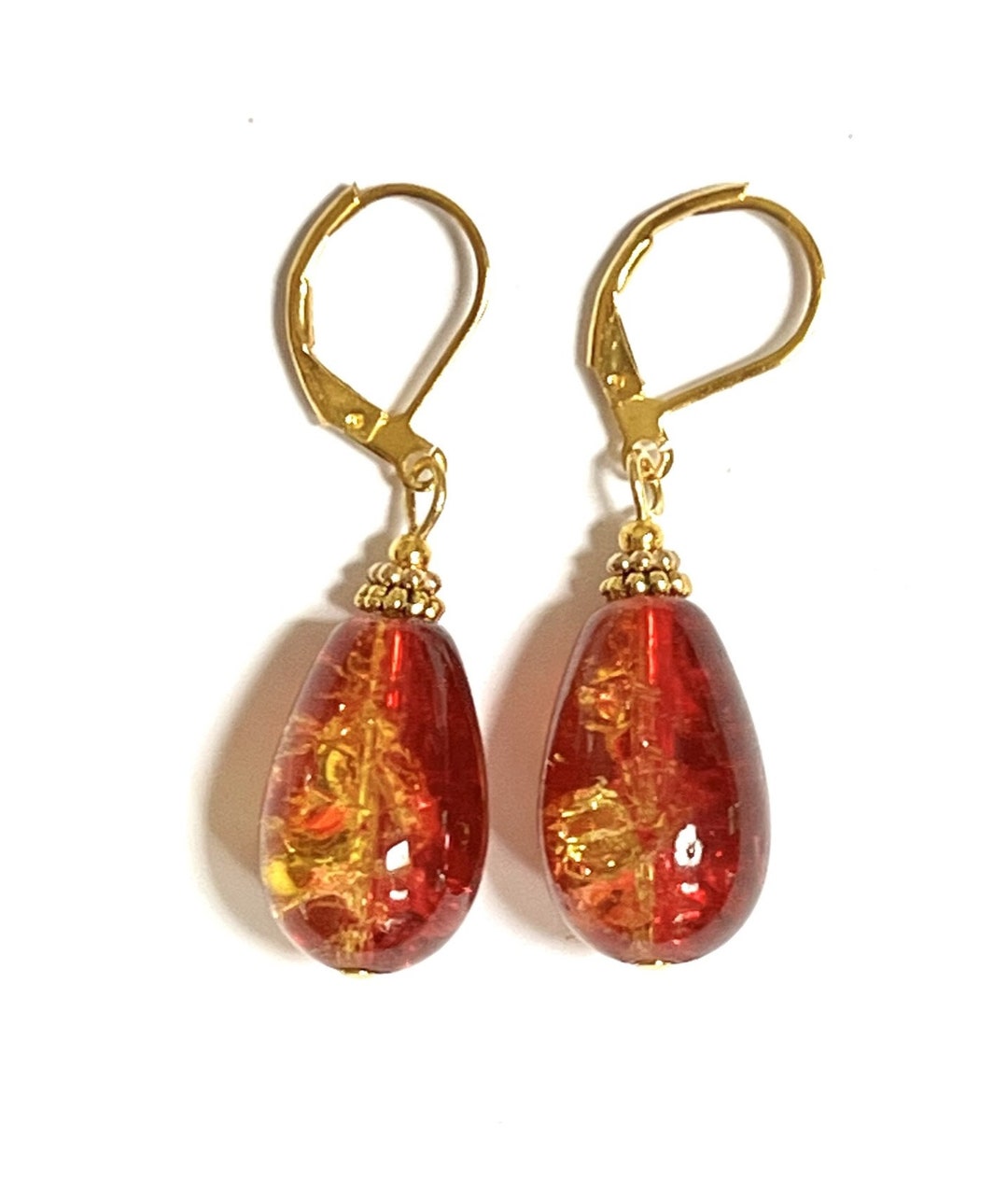 Amber Glass Gold Plated Lever Black Red Orange Yellow Teardrop Dangle Earrings Handmade Etsy