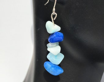 Blue Quartz Stone Chips Natural Stone Light Blue Aqua Green White Genuine Stone Artistic Dangle Drop Silver Tone earrings; handmade