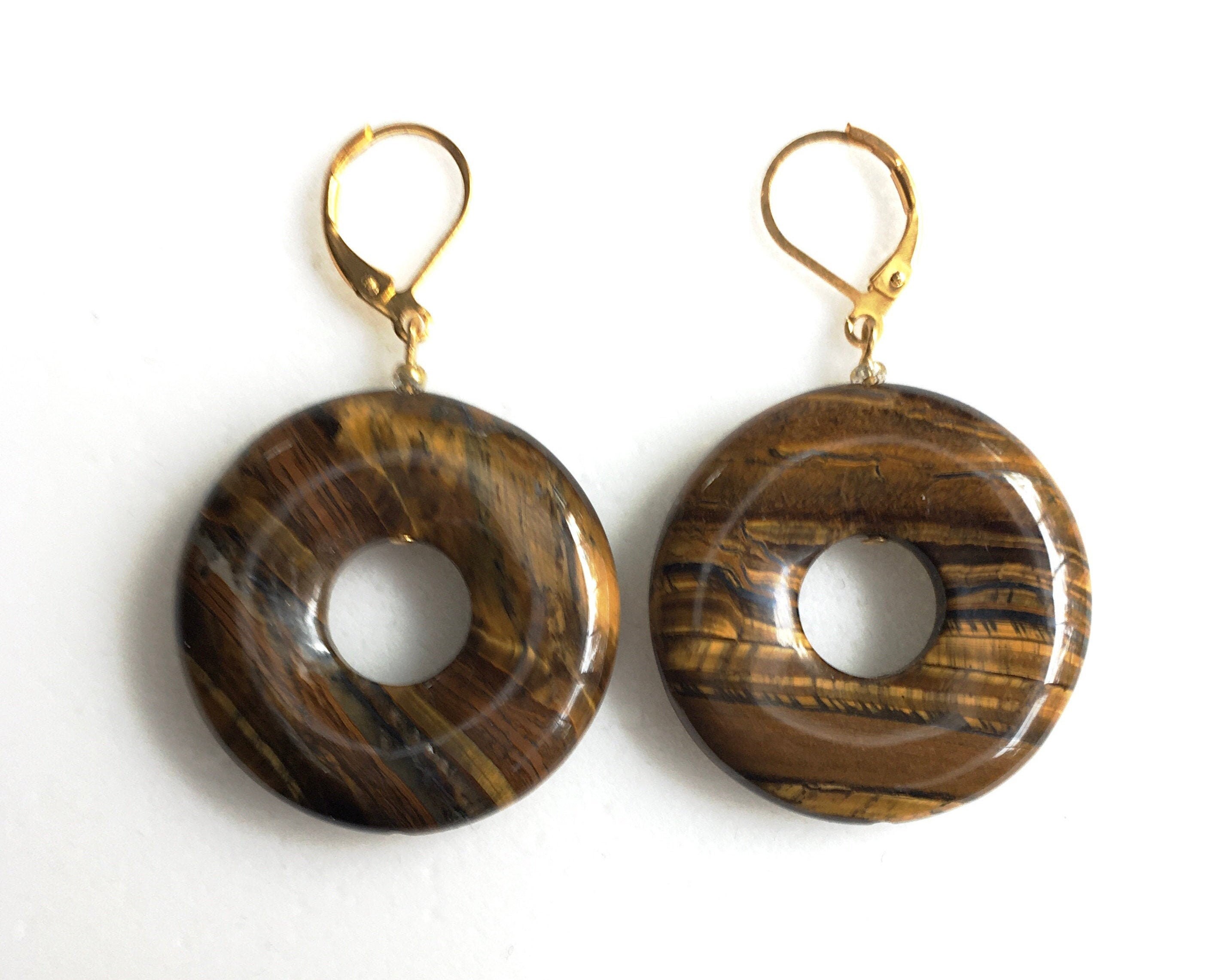 Brown Tigers Eye Earrings Natural Gemstone Round Gold Plated Lever Back Women Jewelry in Gift Box 