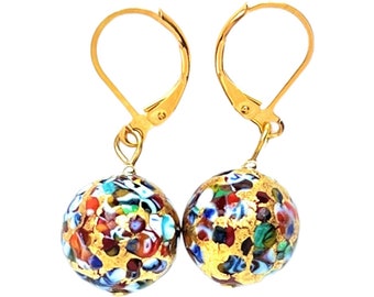 Murano Glass Gold Lever Back Multicolor Ball Klimt Style Venetian Glass Dangle Italian Glass earrings; handmade