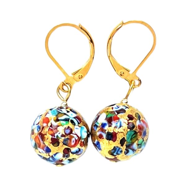 Murano Glass Gold Lever Back Multicolor Ball Klimt Style Venetian Glass Dangle Italian Glass earrings; handmade