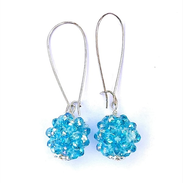 Aqua Blue Vintage Faceted Luster Crystals Cluster Ball earrings on silver plated 1.25 inch long kidney hoops