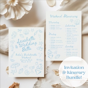 May include: A bundle of two light blue and white wedding stationery items. One features the text "Seashells & Wedding Bells" and the other is a weekend itinerary. The bundle is for a bachelorette weekend.