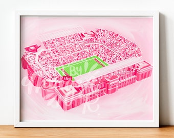 May include: A pink and white illustration of Kyle Field, the home of the Texas A&M Aggies football team. The illustration shows the stadium from an aerial view, with the stands filled with fans and the field in the centre. The words "Texas A&M" and "Kyle Field" are visible on the illustration.
