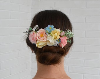Summer wedding flower comb Pink yellow rose headpiece Pastel colors large floral comb Spring  wedding accessories Pastel bridal hairpiece