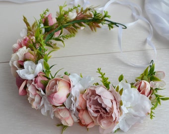 Blush rosa flor blanca corona Pastel tocado de boda rosa rosa corona maternidad corona